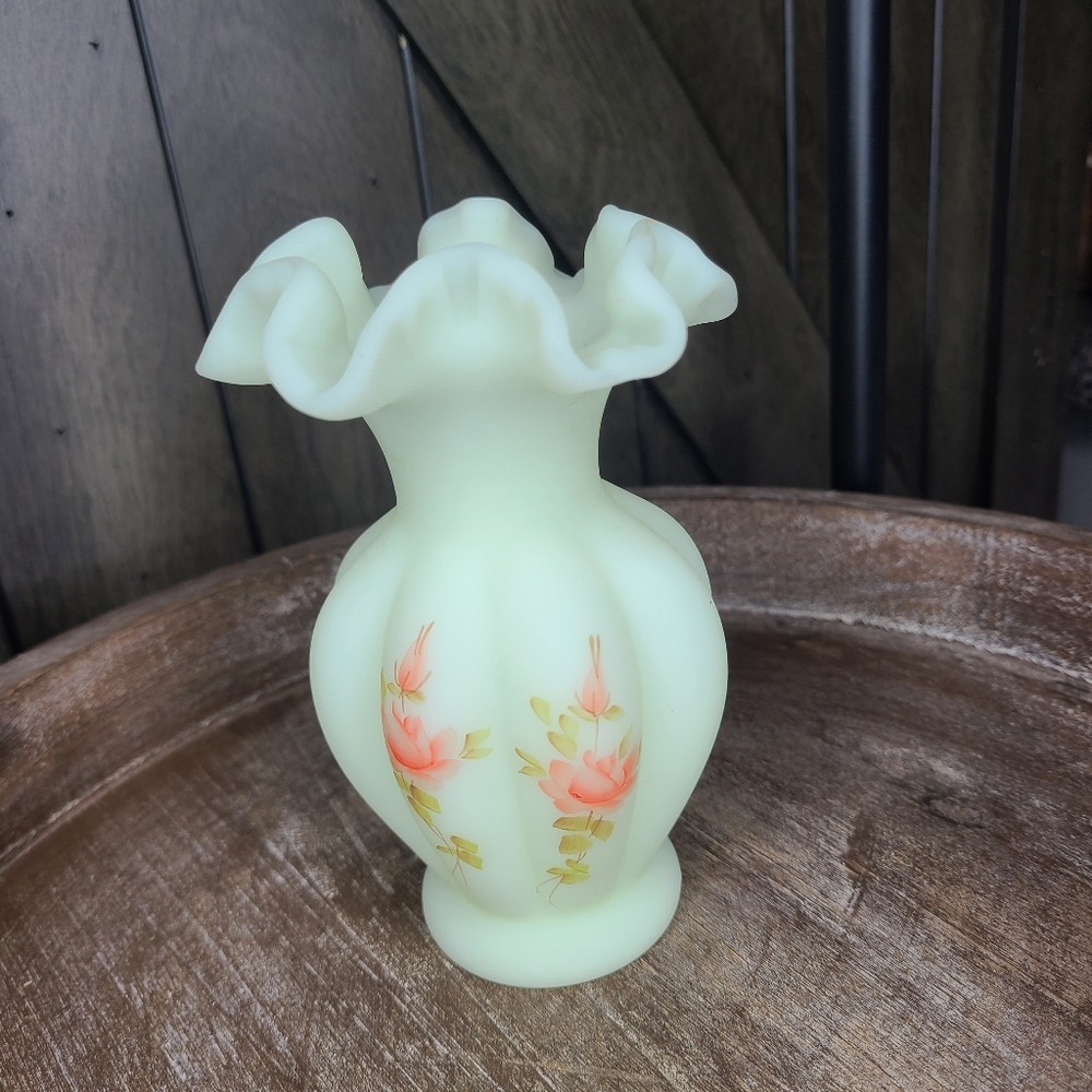 Fenton Satin Ruffle Top Uranium Custard Vase Signed by Kay C has Fenton Sticker